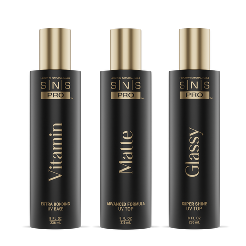 SNS Matte UV Gel Top Coat, Glassy Super Shine UV Gel Top Coat, Vitamin Extra Bonding UV Gel Base Coat 8oz