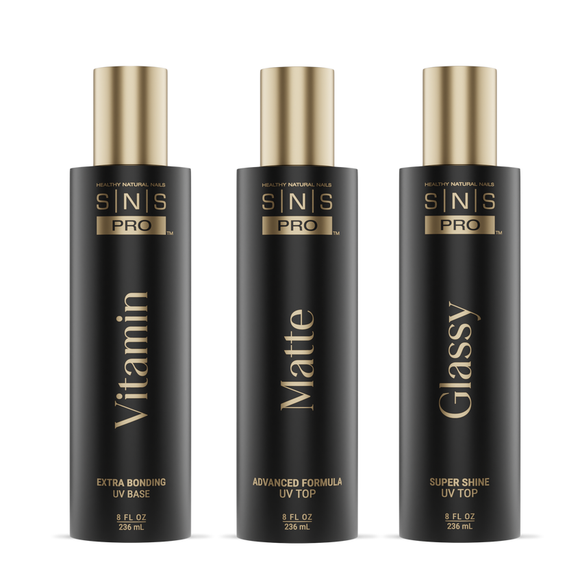 SNS Matte UV Gel Top Coat, Glassy Super Shine UV Gel Top Coat, Vitamin Extra Bonding UV Gel Base Coat 8oz